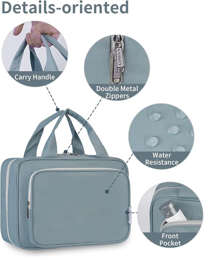 Narwey Travel Toiletry Bag for Women Large Hanging Makeup Bag Organizer Toiletries Bag for Full Size Essentials Accessories Cosmetics (Greyish Blue (Large))