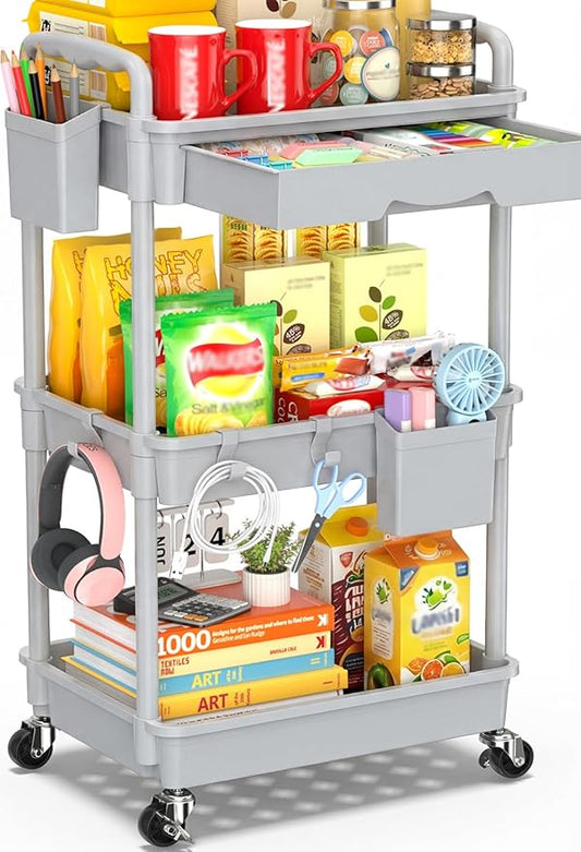 3 Tier Rolling Cart with Drawer, Gray