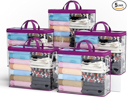 5PACK Clear Zippered Storage Bags for Clothes, 22L Closet Organizers Bag, Purple