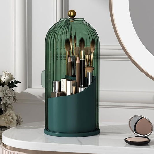 YOOLENS Makeup Brush Holder with Lid 360 Rotating Clear Dustproof Make Up Organizers for Vanity Bathroom Countertop, Green
