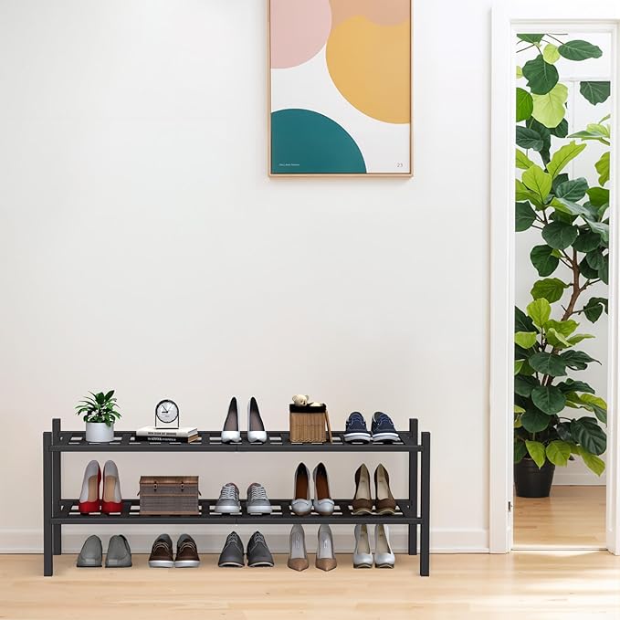 Haddockway Long 2 Tier Bamboo Shoe Rack Storage Organizer, Multifunctional Free Standing Stackable Shoe Shelf with Grid Panel for Closet,Hallway,Entryway,Small Space 34.2"x11"x13"