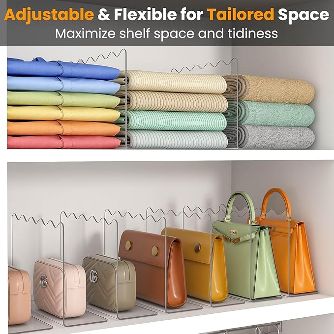 OKPOW Acrylic Shelf Dividers for Closet Organization - 10" Tall X 12" Deep Easy Installation Clothes Purses Organizer - Space-Saving Adjustable & Sturdy Clear Dividers for Wood Cabinet Shelves, 4 Pack