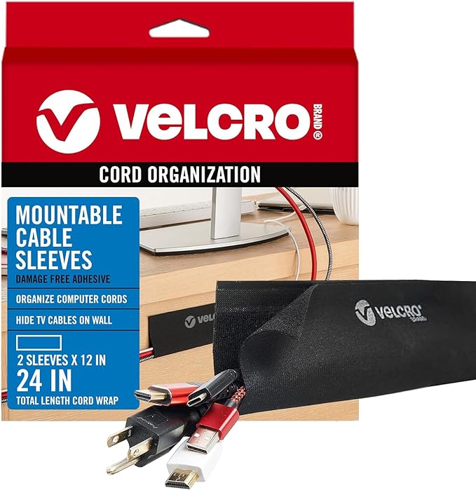 VELCRO Brand VEL-30797-USA Mountable Cable Sleeve | Cord Management Mounts on Walls, Desk or Entertainment Center | Removable Adhesive is Damage Free | 12in Black, 2pk, 12in-2Pk