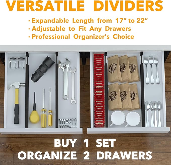 4 Pack Bamboo Drawer Dividers with Labels, 17-22 in, Black