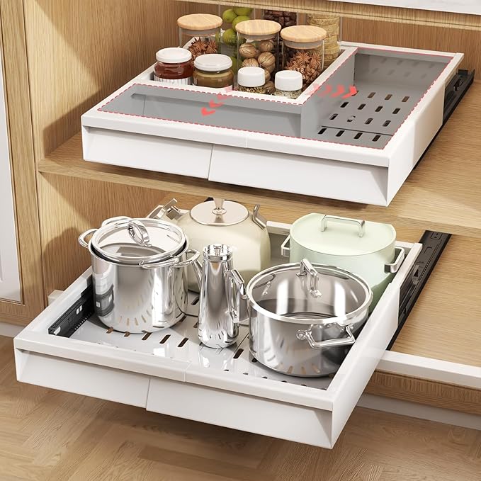 Seinloes Pull Out Cabinet Organizer, 4-Side Expandable to Fit Most Cabinets, 3 Rail Slide Out Drawers with Raising Pad for Framed & Frameless Cabinets, 11"-16" W x 13"-17" D, White, 2 Pack