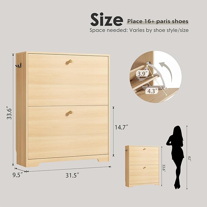 Shoe Cabinet with 2 Flip Drawers, Foyer Natural Oak with Hook
