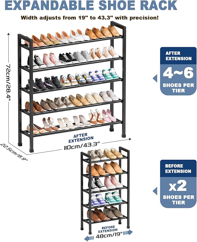 Mavivegue 5-Tier 19"-43.3" Adjustable Shoe Rack for Closet,Expandable Shoe Rack, Hall Entryway,Front Door,Garage, Sturdy Steel Space-Saving Rack, Black