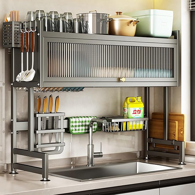Hdrriozu Over the Sink Dish Drainer Drying Rack 3 Tier Over Sink Dish rack for a Tidy Kitchen Sink Shelf Organized Space-Saving Dish Rack with Cover for Dishes, Glasses, Bowls, and Cutlery