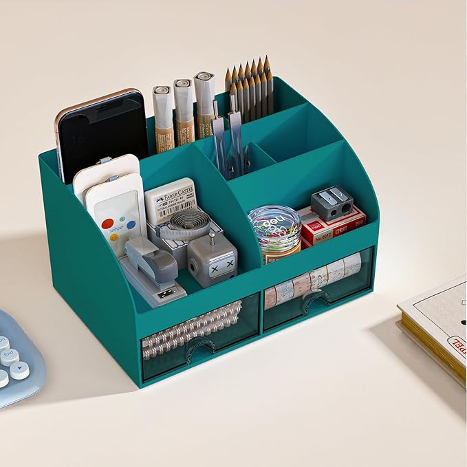 Desk Organizer with 6 Compartments and 2 Drawers, Dark Green