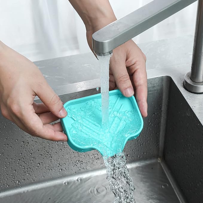 MicoYang Silicone Soap Dish with Drain Spout — Self-Draining Sink Organizer Tray for Bathroom & Kitchen, Holds Bar Soap, Sponges & Dispensers, Non-Slip & Dishwasher Safe, Mint (Small, 4.9"×3.2")