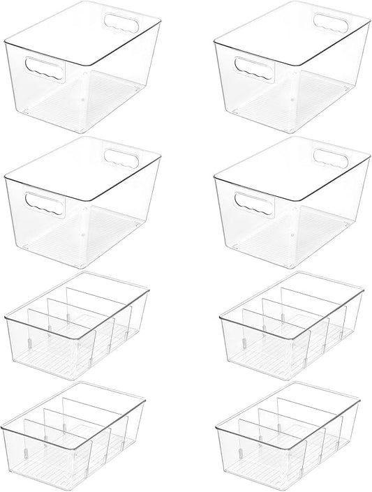 Vtopmart 8 Pack Clear Plastic Storage Bins Set, 4 Large Pantry Organizer Bins with Handle and 4 Medium Snack Organizer Bins with 4-Compartment for Pantry, Kitchen, Fridge, Cabinet Organization
