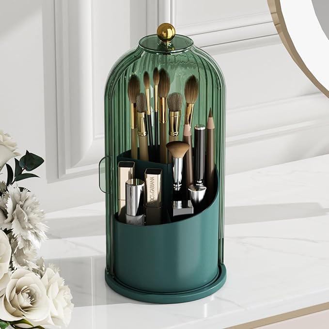GAXmi Makeup Brush Holder with Lid Cosmetic Tools Organizer 360 Rotating Waterproof Dustproof Beauty Brushes Storage for Vanity, All Green | with Lid