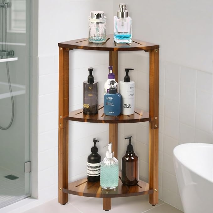IBosins Corner Shower Caddy Standing 3-Tier Bathroom Shower Stool Shelf for Inside Shower Natural Acacia Wood Organizer & Storage for Bedroom Living Room Kitchen