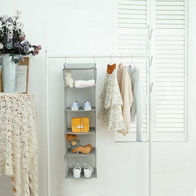 BrilliantJo 5 Shelves Hanging Closet Organizer, 2 Pack Hanging Storage with 6 Side Pockets for Clothes Bags, 43"x12"x12"(Light Gray)