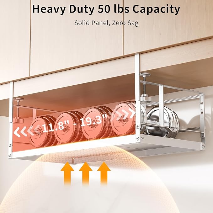 prueBox Under Shelf Storage Basket Organizer Adjustable Hanging Holder with Knob Lock, Heavy Duty Metal Panel for Pantry, Kitchen, Office, Closet Holds 50 lbs, 11.8"-19.3" Wide, White, 1 Pack