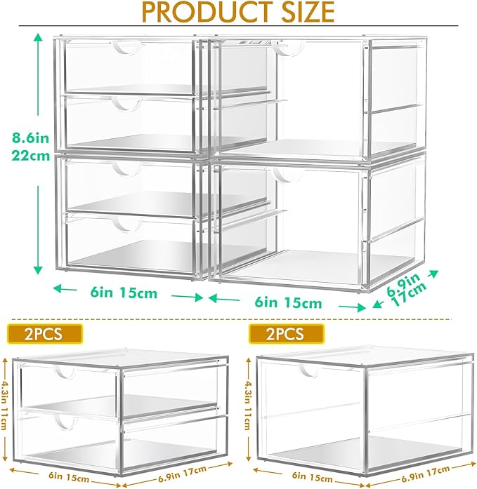 Caktraie Acrylic Makeup Organizer, 4 Pack Drawer Organizer