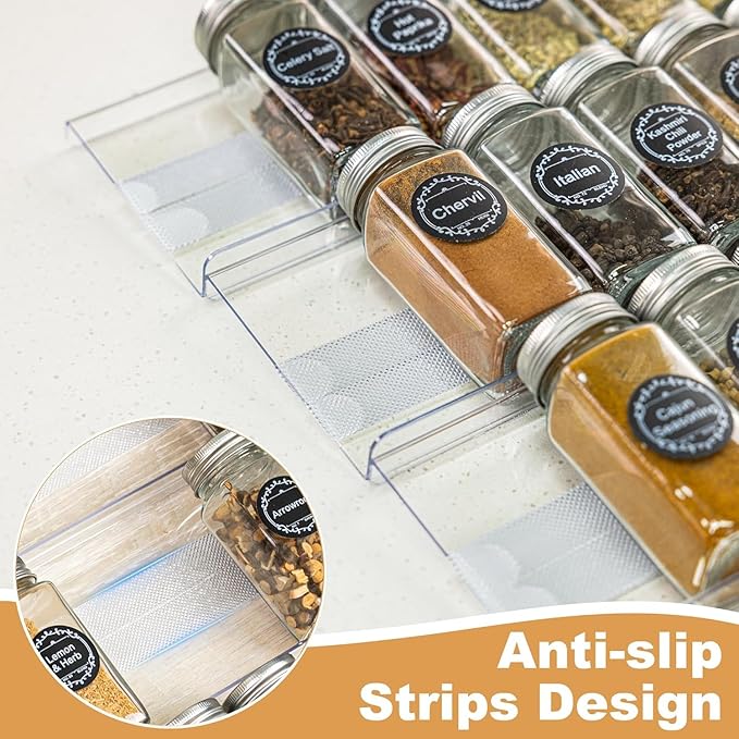 4-Pack Adjustable Spice Rack Organizer for Drawer, Expandable Seasoning Storage (13" to 26") with Anti-Slip Mat, Acrylic Tiered Spice Tray for Condiment, Nail Polish and Jar Organization