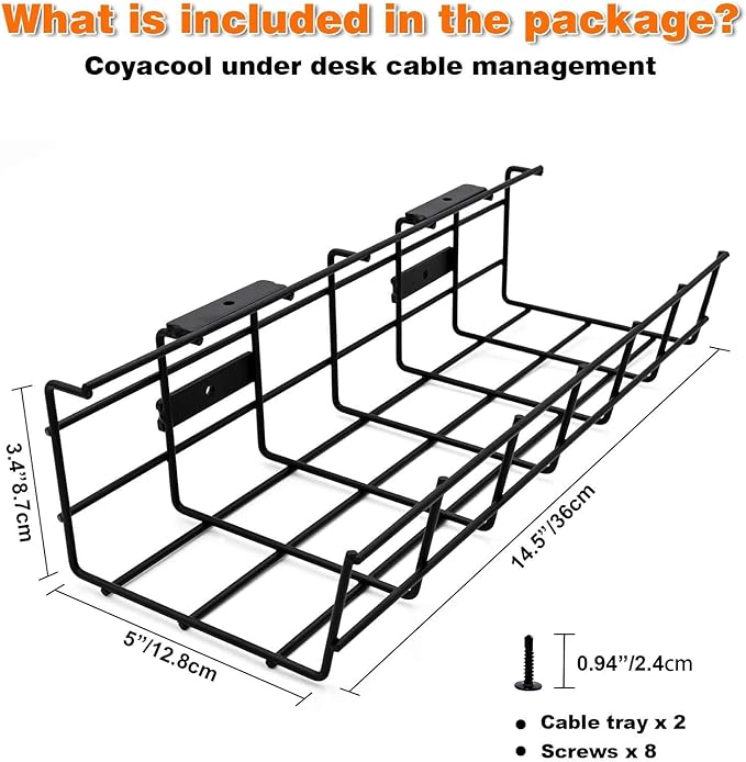 Under Desk Cable Management- 1 Pack Cord Organizer. Metal Wire Cable Management Tray for Office, Studio and Home. Super Sturdy Under Table Cable Management - Black Cable Organizer