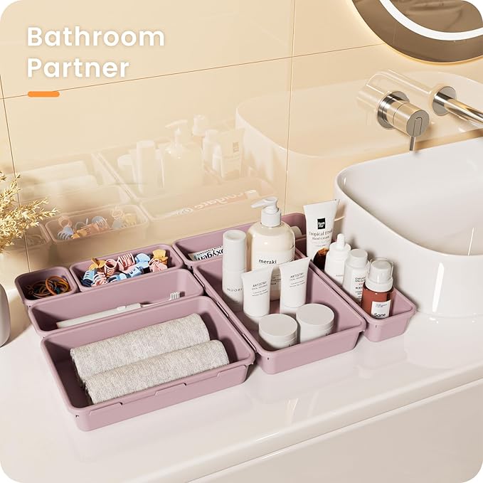 A-LuGei 【Military Grade】 Drawer Organizer, 【𝟱𝗦𝗶𝘇𝗲】 Makeup organizer, 【Holds 177 Items】 Bathroom Organizers and Storage, Organization and Storage, Desk Drawer Organizer for Vanity (Lilac)
