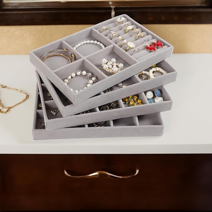Set of 4 Stackable Jewelry Trays Organizer, Velvet Earring Organizer, Gray