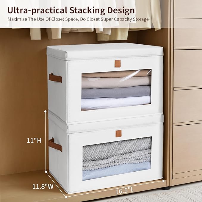 Homsorout Large Clothing Storage Bins - Collapsible Boxes with Handles & Window, Decorative Organizer Bins with Lids, Fabric Containers for Living Room, Dorm, 2 Pack, White