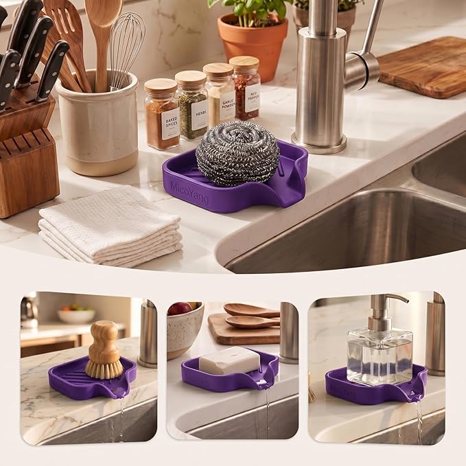 MicoYang Silicone Soap Dish with Drain Spout — Self-Draining Sink Organizer Tray for Bathroom & Kitchen, Holds Bar Soap, Sponges & Dispensers, Non-Slip & Dishwasher Safe, Purple (Small, 4.9"×3.2")