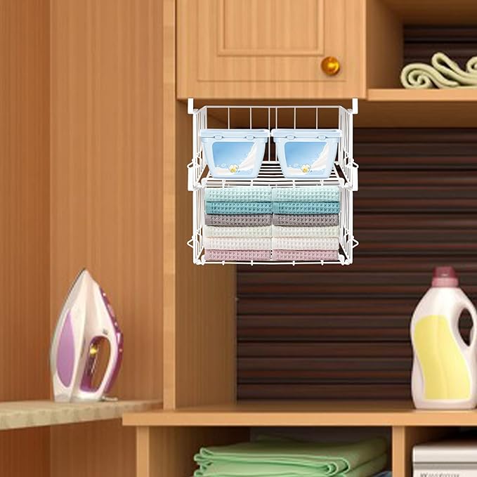 Under Shelf Storage Baskets, Foldable Metal Wire Rack Basket, 2 Pack, White