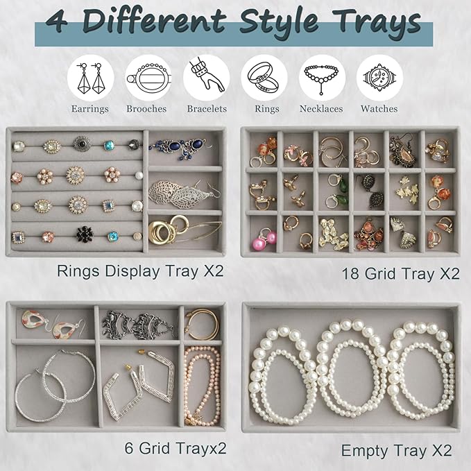 8 Set Jewelry Organizer for Drawer Velvet Jewelry Trays, Jewelry Trays for Drawers Easy To Store Your Jewelry Storage Display Tray for Earring Necklace Rings Bracelet (Grey)