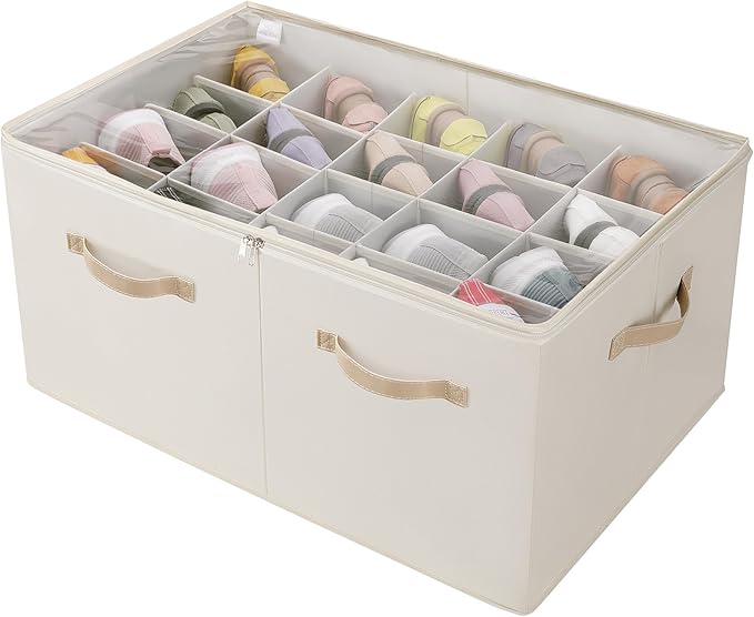 TOPIA HOME Shoe Organizer for Closet, Foldable Shoe Box with Adjustable Dividers and Clear Cover, Space Saving Shoe Storage Organizer Cabinet with Reinforced Handles, Fits 20 Pairs, Beige TP10Y