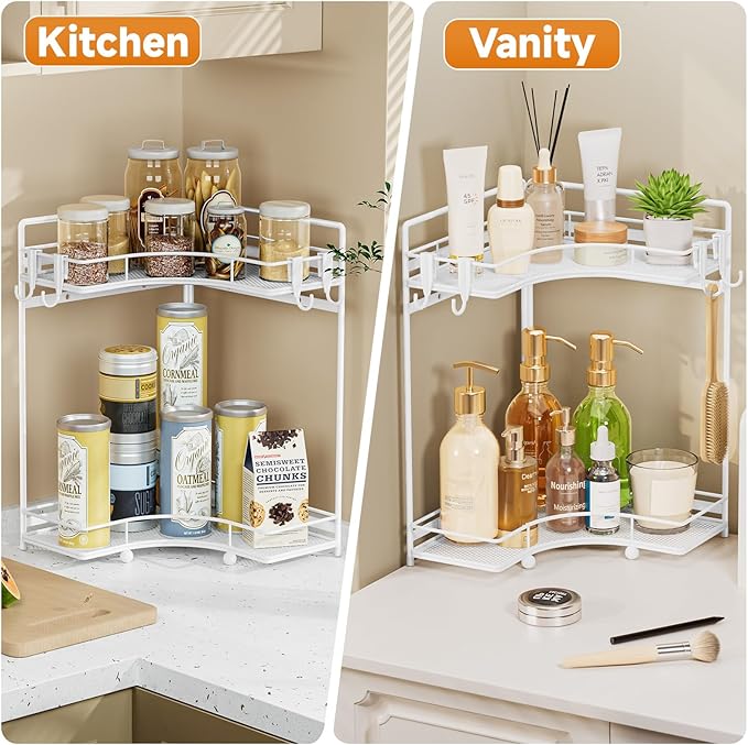 VITVITI 2-Tier Corner Bathroom Counter Organizer, Bathroom Countertop Organizer Storage for Sink, Metal Mesh Makeup Organizer for Vanity Countertop Kitchen with Hooks,White