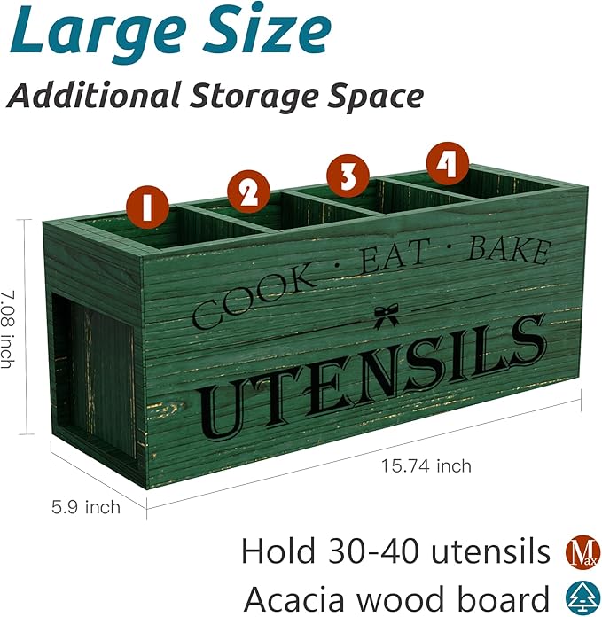 Extra Large Kitchen Utensils Holder with 4 Compartments, Green grain