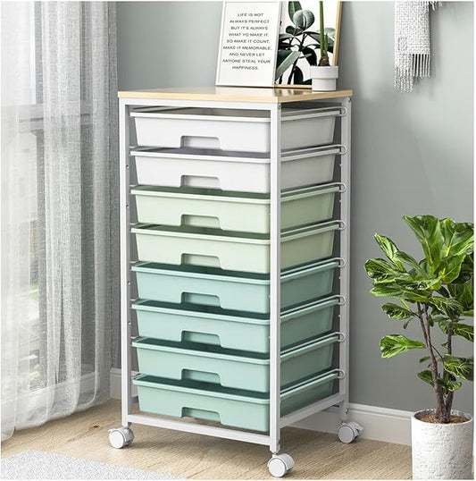 Rolling Storage Utility Cart Organizers with 8 Drawers and Wooden Tabletop