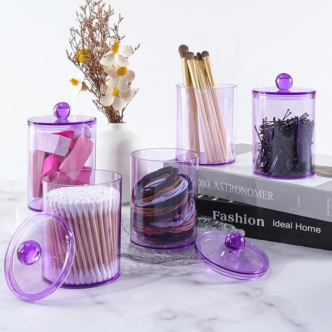 XIPENGKEJI 6 Pack Qtip Holder,Canister Apothecary Jar Set, Bathroom Jars with Lids Set for Cotton Swabs, Balls, Pads, Floss Picks,10oz-12oz Plastic Canisters Restroom Bedroom Vanity Organizer(Purple)