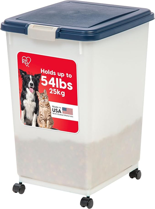 USA Dog Food Storage Container, Up to 54 Pounds, Attachable Wheels, Navy/Pearl
