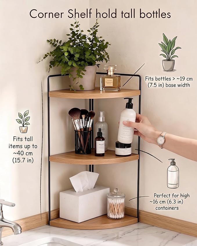 3-Tier Corner Bathroom Countertop Organizer, Solid Pine Wood Vanity Corner Shelf for Skincare & Makeup, Waterproof Standing Rack for Bathroom, Kitchen & Dresser, Large 15.7" H, Natural Wood