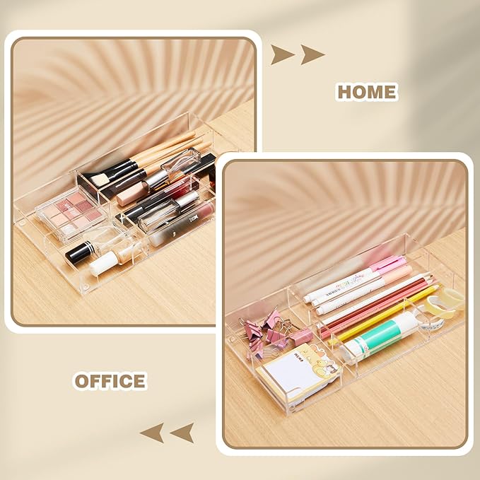 Briwooody 2 Pcs Clear Acrylic Desk Drawer Organizer 11 x 6 x 1.38 Inch Drawer Organizer Trays with 6 Compartments Desk Accessories for Office Makeup Silverware Bathroom