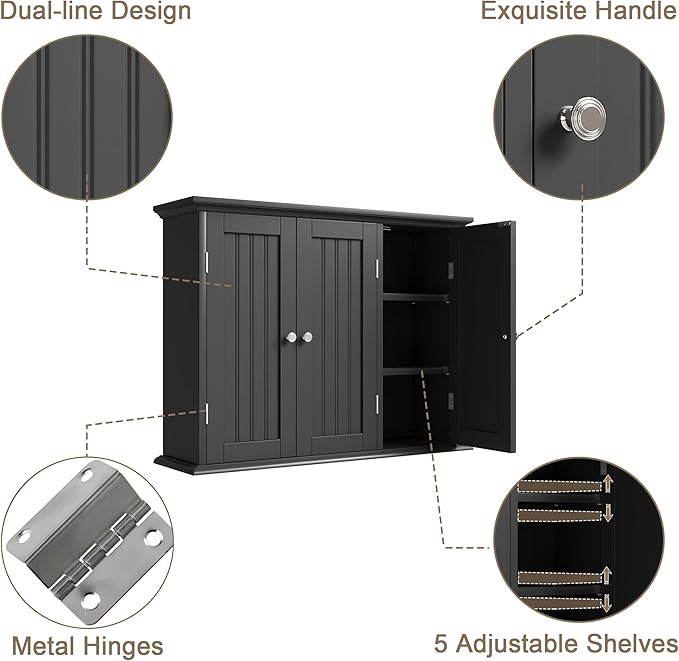 Bathroom Wall Cabinet with 3 Doors, Laundry Cabinet Wall Mounted, Black