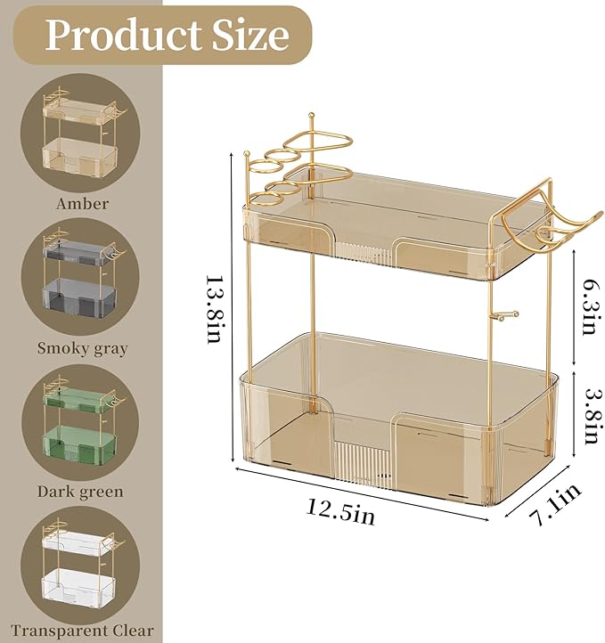 Shuang Qing 2 Tier Gold Bathroom Counter Organizer with Hair Dryer Holder, Skincare & Makeup Organizer, Cosmetics Shelf for Vanity Tray