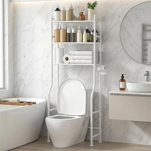 3-Tier Over Toilet Storage with Anti-Tilt Safety System, 64" H, White