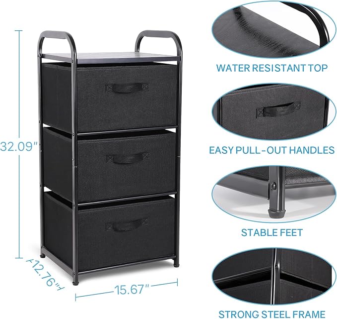 Houser Dresser Storage with 3 Easy Pull Fabric Drawers, Fabric Dresser Tower