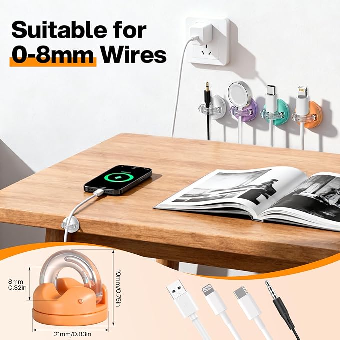 6 Pack 360° Rotatable Magnetic Cable Clips, Under Desk Cable Holder, Acrylic Adhesive Cord Holder, Wire Cord Organizer for Phone Charger Cords, Home Office Car Wall Desktop(Black)