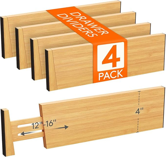 4" High 4 Pack Bamboo Drawer Dividers 31-40cm/12-16 Adjustable Wooden Drawer