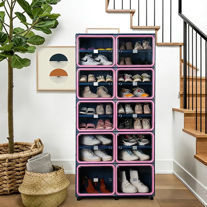 Collapsible Shoe Rack Organizer, 9 Tiers-36 Pairs Foldable Shoe Cabinet with Magnetic Clear Door, Large Plastic Folding Shoe Cabinet Blue & Pink, Easy Assembly Shoe Shelves Organizer for Entryway
