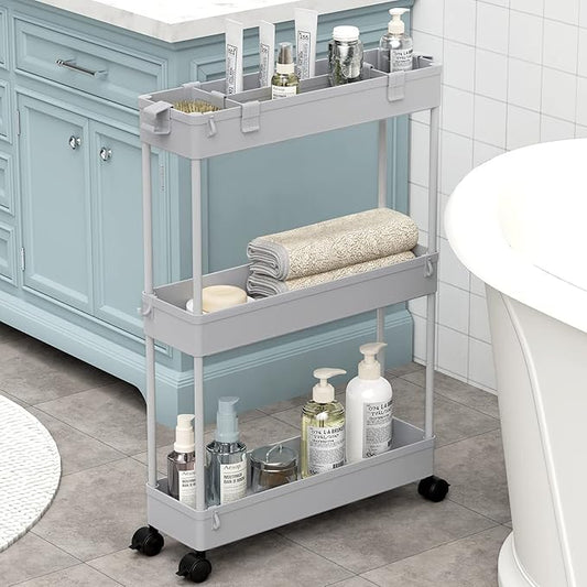 Slim Storage Cart 3 Tier, Bathroom Organizer Rolling Utility, Gray