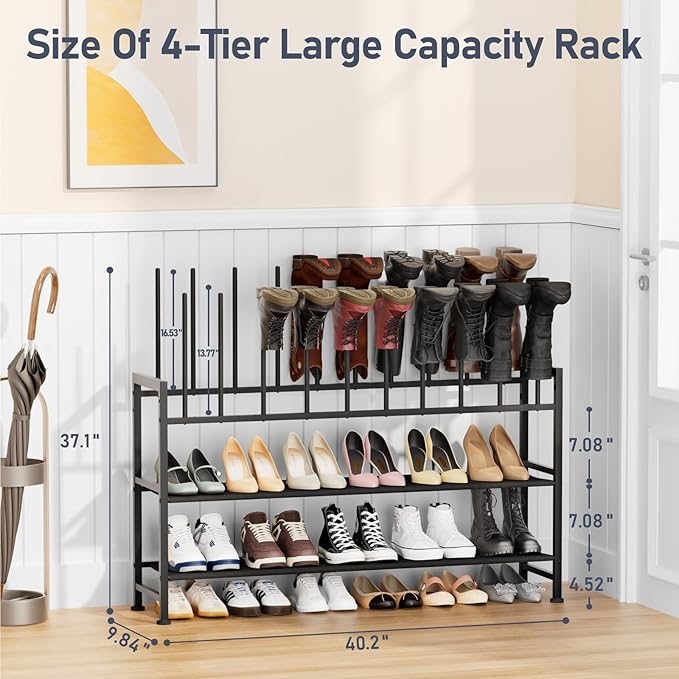 DIMJ Free Standing Shoe Racks - 3-Tier Boot Rack, Black Metal Boot Storage Organizer Tall Boots, Tall Boot Organizer for Closet, Multiuse Shoe Rack for Boots, Sneakers,Fit for 10 Pairs, Black