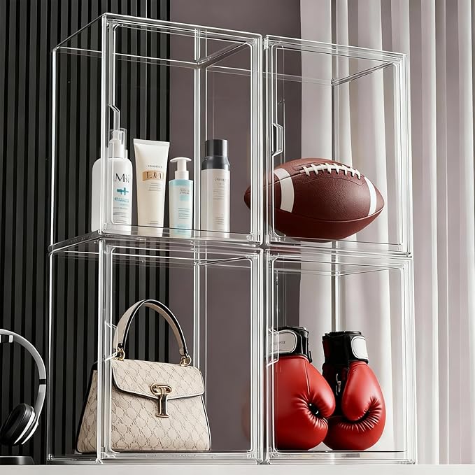 Clear Stackable Storage Bins, Acrylic Display Case, Acrylic Boxes with Lids, Magnetic Lid Storage Bins for Handbags & Purse, Large Figures Collectibles, Storage Bins for Home Organization(1 Pack)