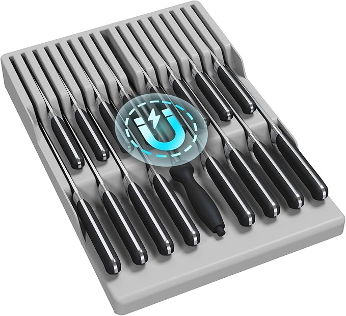 Lifewit Magnetic Drawer Knife Organizers Insert, Kitchen Plastic In Drawer Knife Block Slots, Steak Chefs Knives Holder Storage for 16 Knives and 1 Sharpening Steel, Extra Large, Gray, 16.5"/42 cm(W)
