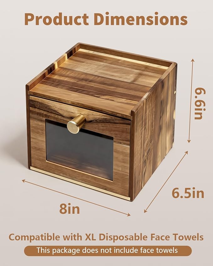 Disposable Face Towel Holder, Acacia Wood Storage Drawer Compatible with XL Disposable Face Towels, Facial Towel Storage Box for Bathroom Countertop Vanity Organizer & Wall Mount