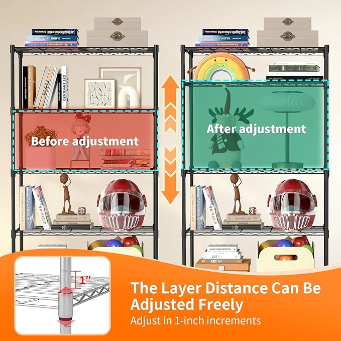 5-Tier Wire Storage Shelves with Wheels, 14 x 30 x 61, Black