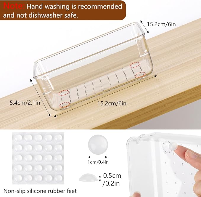 6 Pcs Large Clear Plastic Drawer Organizers Tray 6" x 6" Storage Bins with 25